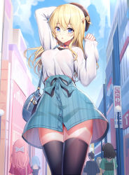 Rule 34 | 1boy, 5girls, arm up, artist name, bag, beret, black hair, black headwear, black legwear, blonde hair, blue eyes, blue hair, blue shirt, blue skirt, blue sky, blush, breasts, building, city, cloud, commentary request, day, facing away, futaba (zhuoyandesailaer), green shirt, hair between eyes, hand up, hat, highres, lamppost, long hair, long sleeves, looking at viewer, medium breasts, multiple girls, original, outdoors, parted lips, pinching sleeves, pink hair, pink shirt, ririko (zhuoyandesailaer), shirt, shoulder bag, skindentation, skirt, sky, sleeves past wrists, solo focus, striped, thighhighs, unmoving pattern, vertical stripes, white shirt, zettai ryouiki