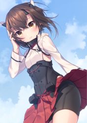 Rule 34 | 10s, 1girl, anchor symbol, armor, bike shorts, black shorts, blue sky, blush, brown eyes, brown hair, closed mouth, clothes lift, cloud, cowboy shot, day, flat chest, floating hair, from below, gorget, hair between eyes, hand on own head, headgear, highres, kantai collection, long sleeves, looking at viewer, looking down, matching hair/eyes, miniskirt, pleated skirt, red skirt, ribs, short hair, shorts, shorts under skirt, skirt, skirt lift, sky, smile, solo, striped, taihou (kancolle), upskirt, warabimochi kinako, wind, wind lift