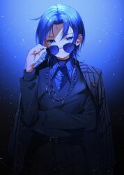 Rule 34 | 1girl, adjusting eyewear, androgynous, aviator sunglasses, blue eyes, blue hair, closed mouth, collared shirt, earclip, formal, highres, hiodoshi ao, hololive, hololive dev is, jacket, jewelry, long sleeves, looking at viewer, mole, mole under mouth, necklace, open clothes, open jacket, pants, shirt, short hair, solo, striped clothes, striped jacket, suit, sunglasses, sweater, temari maco, vertical-striped clothes, vertical-striped jacket, virtual youtuber