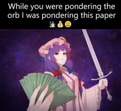 Rule 34 | 1girl, absurdres, banknote, blue bow, blunt bangs, bow, breasts, bun cover, commentary, crescent, crescent hat ornament, dress, english commentary, fingernails, grin, hair bow, hat, hat bow, hat ornament, highres, holding, holding money, holding sword, holding weapon, i studied the blade (meme), long hair, long sleeves, looking at viewer, medium bangs, medium breasts, meme, mob cap, money, multiple hair bows, patchouli knowledge, pink dress, pink hat, pondering my orb (meme), purple background, purple eyes, purple hair, red bow, smile, solo, striped clothes, striped dress, sword, touhou, umisaki, upper body, vertical-striped clothes, vertical-striped dress, very long hair, weapon, wide sleeves