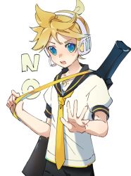 Rule 34 | 1boy, bass clef, black collar, black shorts, blonde hair, blue eyes, blush, carrying over shoulder, collar, headphones, headset, highres, holding strap, instrument case, kagamine len, light blush, looking at viewer, male focus, motu0505, necktie, no, open mouth, outstretched hand, sailor collar, school uniform, shirt, short ponytail, short sleeves, shorts, solo, spiked hair, sweat, upper body, v-shaped eyebrows, vocaloid, white background, white shirt, yellow necktie