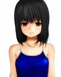 Rule 34 | 1girl, black hair, blush, breasts, brown eyes, child, eyebrows, hexenschuss, highres, looking at viewer, original, simple background, small breasts, smile, solo, swimsuit, upper body, white background