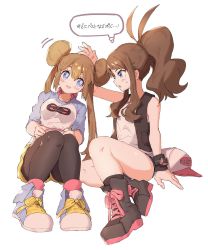 Rule 34 | 2girls, ankea (a-ramo-do), baseball cap, black vest, black wristband, blue eyes, blush, breasts, brown hair, commentary request, creatures (company), double bun, full body, game freak, hair between eyes, hair bun, hat, headpat, highres, hilda (pokemon), knees up, long hair, long sleeves, looking at another, multiple girls, nintendo, no headwear, open mouth, pantyhose, pokemon, pokemon bw, pokemon bw2, ponytail, rosa (pokemon), shirt, shorts, sidelocks, simple background, sitting, smile, thighs, translation request, unworn hat, unworn headwear, vest, white background, yellow shorts, yuri