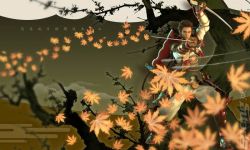 Rule 34 | dual wielding, genji: days of the blade, holding, leaf, minamoto yoshitsune, sword, tree, weapon
