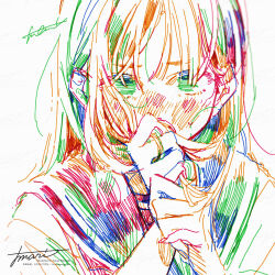 Rule 34 | 1girl, artist name, blush, colorful, commentary request, covered mouth, covering own mouth, highres, holding, holding own hair, long hair, looking at viewer, original, portrait, sailor collar, school uniform, serafuku, signature, simple background, solo, watanabe tomari, watermark, white background