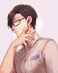 Rule 34 | 1boy, beige shirt, breast pocket, brown hair, character request, club suicide, commentary request, earrings, glasses, grey background, hand on own ear, hand up, highres, jewelry, looking at viewer, male focus, nanin, pocket, profile, shirt, short hair, sideways glance, simple background, solo, upper body