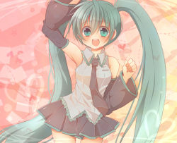Rule 34 | 1girl, :d, aqua eyes, aqua hair, arm up, bad id, bad pixiv id, detached sleeves, female focus, gradient background, hatsune miku, highres, long hair, marimorimo, necktie, open mouth, skirt, smile, solo, twintails, very long hair, vocaloid