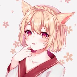 Rule 34 | 1girl, animal ears, warrior of light (ff14), blonde hair, blush, braid, cat ears, cat girl, collarbone, crown braid, facial mark, final fantasy, final fantasy xiv, floral background, hand on own chin, hand up, highres, looking at viewer, miqo&#039;te, open mouth, red eyes, shiro kanae, short hair, smile, solo