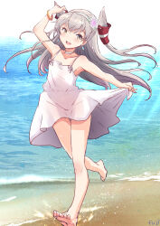 Rule 34 | 1girl, alternate costume, amatsukaze (kancolle), barefoot, beach, brown eyes, choker, dress, flat chest, fuji (pixiv24804665), full body, grey hair, hair tubes, highres, kantai collection, long hair, looking at viewer, ocean, open mouth, round teeth, running, skirt hold, smile, smokestack hair ornament, solo, sundress, teeth, two side up, upper teeth only, white choker, white dress