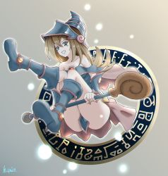 Rule 34 | 1girl, absurdres, artist request, ass, bare shoulders, blonde hair, blue dress, boots, breasts, capelet, cleavage, collar, collarbone, dark magician girl, dress, duel monster, gradient background, green eyes, hand up, hat, highres, huge ass, knee boots, long hair, looking at viewer, medium breasts, parted lips, pentacle, shiny clothes, shiny skin, short dress, simple background, sitting, solo, strapless, strapless dress, thighs, vambraces, very long hair, wide hips, wizard hat, yu-gi-oh!, yu-gi-oh! duel monsters