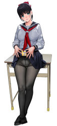 Rule 34 | 1girl, black footwear, black hair, black pantyhose, blue eyes, blue skirt, blush, box, breasts, closed mouth, clothes lift, commentary, desk, full body, hair ribbon, half updo, head tilt, highres, lifted by self, loafers, long sleeves, looking at viewer, medium breasts, mibu natsuki, miniskirt, naughty face, neckerchief, object in clothes, original, panties, panties under pantyhose, pantyhose, pleated skirt, red neckerchief, red ribbon, ribbon, sailor collar, school desk, school uniform, serafuku, shirt, shoes, short hair, simple background, skirt, skirt lift, smile, solo, standing, thigh gap, thighband pantyhose, tongue, tongue out, underwear, valentine, white background, white panties, white shirt