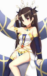 Rule 34 | 1girl, adjusting hair, arm support, arm up, armlet, artist request, bare arms, bare legs, bare shoulders, black detached sleeves, black gloves, black hair, black ribbon, black thighhighs, blush, breasts, bridal gauntlets, cleavage, crown, earrings, elbow gloves, fate/grand order, fate (series), female focus, gem, gloves, hair ribbon, highres, hoop earrings, ishtar (fate), jewelry, knees together feet apart, legs, long hair, looking at viewer, medium breasts, naughty face, neck, neck ring, pelvic curtain, red eyes, revealing clothes, ribbon, single elbow glove, single glove, single thighhigh, sitting, smile, solo, strapless, thighhighs, thighlet, tohsaka rin, two side up, type-moon