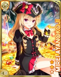 Rule 34 | 1girl, :d, ayanokoji mirei, black coat, blonde hair, bow, bowtie, card, character name, coat, coin, crossed legs, curly hair, cutlass, day, dress, drill hair, frilled dress, frills, girlfriend (kari), gold coin, hat, holding, long hair, ocean, official art, open mouth, ouju, outdoors, pirate costume, pirate hat, purple eyes, qp:flapper, red bow, ringlets, rock, shoes, sitting, sitting on object, smile, solo, tagme, very long hair