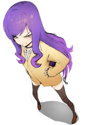Rule 34 | 1girl, blush, cardigan, choker, frown, hands on own hips, long hair, looking at viewer, mole, mole under eye, original, pleated skirt, purple eyes, purple hair, school uniform, skirt, sleeves past wrists, solo, striped clothes, striped thighhighs, suruga kreuz, thighhighs