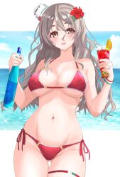 1girl absurdres alternate_costume beach bikini blue_sky bottle breasts brown_eyes cloud day drink gluteal_fold grey_hair hair_between_eyes hat highres horizon kantai_collection large_breasts nitamako_(sakamalh) ocean outdoors pola_(kancolle) red_bikini side-tie_bikini_bottom sky solo swimsuit thick_eyebrows thigh_gap tilted_headwear wavy_hair white_hat