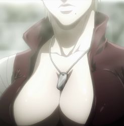 Rule 34 | 10s, 1girl, breasts, cleavage, elena perepelkina, covered erect nipples, female focus, highres, large breasts, mole, screencap, solo, stitched, terra formars, third-party edit