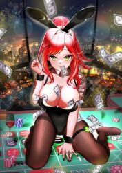 Rule 34 | 1girl, akimoto8, alcohol, animal ears, black leotard, black nails, black wrist cuffs, blonde hair, breasts, city lights, cityscape, commission, covered navel, cup, drinking glass, elly (vtuber), fake animal ears, finger tattoo, green eyes, highres, indie virtual youtuber, kneeling, large breasts, leotard, long hair, money, money between breasts, money in mouth, mouth hold, multicolored hair, pantyhose, playboy bunny, poker chip, poker table, red hair, red wine, roulette table, skeb commission, solo, sparkle, streaked hair, table, tattoo, tucked money, virtual youtuber, window, wine, wine glass, wrist cuffs