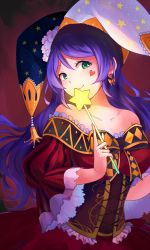 Rule 34 | 10s, 1girl, bare shoulders, breasts, corset, dress, earrings, facial mark, frills, green eyes, hat, head tilt, heart, highres, inuko (redconstellation), jester cap, jewelry, large breasts, long hair, looking at viewer, love live!, love live! school idol festival, love live! school idol project, purple hair, red dress, smile, solo, star (symbol), strapless, strapless dress, tojo nozomi, wand