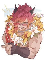 Rule 34 | 1boy, animal ears, artist name, bebseo, black gloves, fangs, fingerless gloves, flower, flower neckwear, gloves, hair between eyes, highres, leaf, league of legends, looking at viewer, male focus, muscular, muscular male, pointing, pool party sett, red-tinted eyewear, red hair, sett (league of legends), short hair, simple background, solo, sunglasses, tinted eyewear, upper body, white background, white flower, yellow eyes, yellow flower
