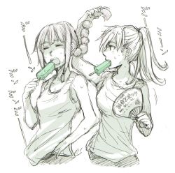 Rule 34 | 10s, 2girls, alternate hairstyle, collarbone, closed eyes, hand fan, food, hair lift, hauza0324, head tilt, holding, holding another&#039;s hair, holding food, kantai collection, kitakami (kancolle), long hair, looking at another, monochrome, motion lines, mouth hold, multiple girls, ooi (kancolle), open mouth, paper fan, ponytail, popsicle, profile, shirt, sketch, sleeveless, sleeveless shirt, spot color, sweat, tank top, uchiwa, yamada rei (rou)