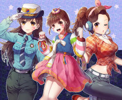Rule 34 | 3girls, alternate costume, alternate hairstyle, animal print, bag, belt, blue background, blue necktie, blue shirt, blush, braid, breast pocket, breasts, brown eyes, brown hair, cleavage, clenched hands, collarbone, collared shirt, cowboy shot, cruiser d.va, d.va (overwatch), earrings, eyeshadow, facepaint, facial mark, female service cap, gloves, grey choker, grey pants, hair ornament, hanbok, head scarf, headphones, heart, holding, hoop earrings, jewelry, knees together feet apart, korean clothes, leg up, long hair, long sleeves, looking at viewer, makeup, medium breasts, midriff, multiple girls, multiple persona, necktie, officer d.va, official alternate costume, one eye closed, outline, overwatch, overwatch 1, palanquin d.va, pants, patterned background, pink lips, pink skirt, plaid, plaid shirt, pocket, police, police uniform, policewoman, ponytail, puckered lips, rabbit hair ornament, rabbit print, red footwear, salute, shirt, shoes, short sleeves, skirt, smile, standing, standing on one leg, star (symbol), striped necktie, striped neckwear, striped sleeves, swept bangs, tassel, tight clothes, tight pants, tora (tora factory), uniform, whisker markings, white gloves