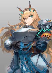 Rule 34 | 1girl, absurdres, armor, blonde hair, chain, excalibur galatine (fate), barghest (fate), barghest (first ascension) (fate), fate/grand order, fate (series), green eyes, hakohako-does, highres, long hair, simple background, sword, weapon