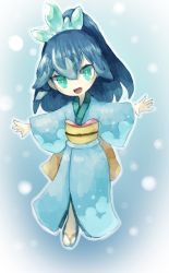 Rule 34 | 1girl, :d, absurdres, blue background, blue hair, blue kimono, crown, full body, green eyes, highres, japanese clothes, kimono, long sleeves, looking at viewer, obi, okame nin, open mouth, original, outline, outstretched arms, ponytail, sandals, sash, smile, solo, spread arms, white outline, yellow sash