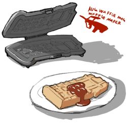 Rule 34 | assault rifle, bullpup, chocolate syrup, english text, food, gun, hamsta, magazine (weapon), no humans, original, plate, rifle, shadow, simple background, sketch, steyr aug, waffle, waffle maker, weapon, white background