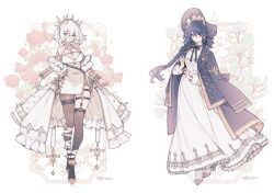 Rule 34 | 2girls, black headdress, black pantyhose, black thighhighs, blue hair, bracer, braid, breasts, chain, choppy bangs, cleavage, coat, coat on shoulders, detached sleeves, double-parted bangs, dress, embroidery, fashion, floral background, flower, frilled dress, frills, full body, high heels, leg wrap, lemon89h, long dress, looking at viewer, medium breasts, medium hair, multiple girls, original, pantyhose, pelvic curtain, pink flower, pink nails, pink rose, puffy detached sleeves, puffy sleeves, red eyes, rose, sidelocks, single braid, single leg pantyhose, single thighhigh, spiked anklet, standing, thigh strap, thighhighs, tiara, waist cape, white eyes, white flower, white footwear, white hair, yellow footwear