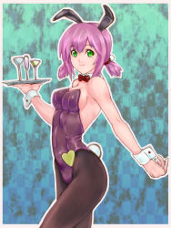 Rule 34 | 1girl, animal ears, bow, bowtie, chalice, cup, detached collar, fake animal ears, ghost-rodie, green eyes, leotard, original, pantyhose, pink hair, playboy bunny, rabbit ears, rabbit tail, ryou.t (sheol), short hair, tail, tray, twintails, wrist cuffs
