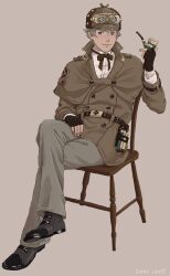 Rule 34 | 1boy, 23011620x, ace attorney, belt, belt pouch, black footwear, black gloves, blonde hair, brown ribbon, chair, closed mouth, collared shirt, fingerless gloves, flask, full body, gloves, goggles, goggles on head, grey pants, hat, herlock sholmes, highres, jacket, long sleeves, male focus, neck ribbon, pants, pouch, ribbon, shirt, shoes, short hair, simple background, sitting, smile, smoking pipe, solo, the great ace attorney, white shirt