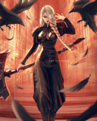 1girl artist_name axe bird black_dress black_feathers braid braided_bangs braided_ponytail breasts building cleavage crow dress feathers hair_over_face hair_over_one_eye highres holding holding_axe icezimy jujutsu_kaisen large_breasts long_hair long_sleeves looking_at_viewer mei_mei_(jujutsu_kaisen) one_eye_covered puffy_sleeves red_lips road smile solo street tight_clothes tight_dress turtleneck turtleneck_dress white_hair