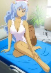 Rule 34 | bed, blue eyes, blue hair, breasts, brown fur, crossed legs, curvy, furry, furry female, hand on own ankle, hat, hospital bed, hospital room, looking at viewer, mink tribe, nurse, nurse cap, nurse outfit, one piece, plant, sitting, squirrel girl, tail, tristan (one piece)