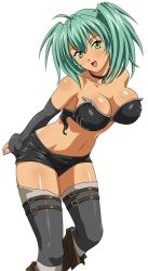 Rule 34 | 00s, 1girl, ahoge, alternate costume, arms behind back, bare shoulders, black detached sleeves, black shorts, boots, breasts, brown footwear, cleavage, collarbone, dark-skinned female, dark skin, detached sleeves, eyebrows hidden by hair, female focus, green eyes, green hair, grey thighhighs, hair between eyes, head tilt, ikkitousen, jewelry, large breasts, leaning, leaning forward, long hair, looking at viewer, matching hair/eyes, midriff, navel, neck, necklace, official art, open mouth, revealing clothes, ryofu housen, short hair, short shorts, shorts, simple background, smile, solo, standing, strapless, thighhighs, twintails, white background