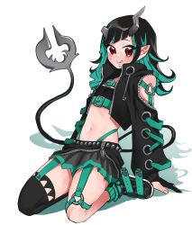 Rule 34 | 1girl, nanashi inc., arm support, belt, belt bra, black footwear, black gloves, black hair, black jacket, black skirt, black thighhighs, blue belt, blue hair, blue panties, blue socks, blush, chest belt, clothing cutout, commentary request, cropped jacket, cross-laced clothes, cross-laced sleeves, demon girl, demon horns, demon tail, fang, flat chest, full body, garter straps, gloves, grey horns, grey skirt, highleg, highleg panties, highres, horns, jacket, layered skirt, long hair, long sleeves, looking at viewer, makura (am 1192 ), midriff, multicolored hair, navel, open clothes, open jacket, open mouth, panties, partially fingerless gloves, pointy ears, red eyes, seiza, shishio chris, shoes, shoulder cutout, simple background, single thighhigh, sitting, skirt, smile, sneakers, socks, solo, sugar lyric, tail, thighhighs, two-tone hair, underwear, virtual youtuber, white background, zipper, zipper skirt