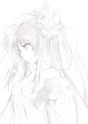 Rule 34 | 1girl, breasts, cleavage, closed mouth, collarbone, detached sleeves, dress, expressionless, eyebrows, flower, from side, grey theme, greyscale, hair flower, hair ornament, looking afar, lpip, monochrome, see-through, sketch, solo, strapless, strapless dress, upper body, veil
