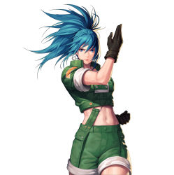 Rule 34 | 1girl, blue eyes, blue hair, blush, brown gloves, clenched hand, closed mouth, earrings, ers, evilgun, fighting stance, gloves, green shirt, green shorts, hair between eyes, high ponytail, highres, jewelry, leona heidern, long hair, looking at viewer, midriff, navel, ponytail, shirt, short sleeves, shorts, sleeves rolled up, snk, solo, standing, suspender shorts, suspenders, the king of fighters, thighs