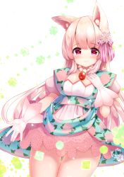 Rule 34 | 1girl, animal ear fluff, blush, bow, breasts, closed mouth, commentary request, copyright request, cowboy shot, dress, floral print, flower, gloves, hair bow, hair flower, hair ornament, hand on own chest, heart, heart-shaped pupils, jewelry, long hair, necklace, pastel colors, pearl necklace, pink gloves, pink hair, pink theme, purple eyes, rose print, sawa (sawasaku), small breasts, smile, solo, striped, striped bow, symbol-shaped pupils, thigh gap, very long hair, white flower