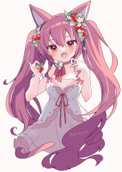 Rule 34 | 1girl, animal ears, aruya (flosrota), bare arms, bare shoulders, breasts, cat ears, cat girl, cat tail, cleavage, commentary, dress, flower, food, fruit, grey background, hair between eyes, holding, holding food, long hair, medium breasts, original, pink hair, red eyes, simple background, sleeveless, sleeveless dress, solo, strawberry, strawberry blossoms, symbol-only commentary, tail, twintails, twitter username, very long hair, watermark, white dress, white flower