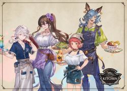 Rule 34 | 2boys, 2girls, alternate costume, animal ears, apron, bare shoulders, beanie, belt, blue hair, bowl, bracelet, braid, breasts, brown eyes, brown hair, cleavage, collar, company name, copyright notice, denim, denim shorts, denim skirt, drang (granblue fantasy), earrings, flower, food, food on face, granblue fantasy, green shirt, grey eyes, hair flower, hair ornament, hand in own hair, hand on own hip, hat, holding, holding plate, holding tray, horns, jewelry, large breasts, medium breasts, multiple boys, multiple girls, necklace, noa (granblue fantasy), off-shoulder shirt, off shoulder, official art, open mouth, pink hair, plate, pointy ears, pouch, rosetta (granblue fantasy), salad, shirt, short hair, short sleeves, shorts, side ponytail, skirt, smile, standing, sturm (granblue fantasy), tank top, tray, tropical drink, waist apron, white hair, white headwear, white shirt, yellow eyes