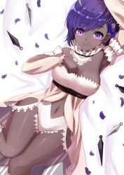 Rule 34 | 1girl, absurdres, ahoge, bare shoulders, black bow, bow, breasts, clothes lift, commentary request, dark-skinned female, dark skin, dress, dress lift, fate/grand order, fate (series), hair bow, hassan of serenity (fate), hassan of serenity (lostroom outfit) (fate), head tilt, highres, koisuke, long dress, looking at viewer, lostroom outfit (fate), medium breasts, panties, pink footwear, purple eyes, purple hair, short hair, smile, solo, underwear, white panties