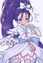 Rule 34 | 1girl, arm warmers, bow, brooch, closed mouth, cure egret, dress, earrings, futari wa precure splash star, hairband, heart, heart brooch, heart earrings, high ponytail, highres, jewelry, long hair, looking at viewer, magical girl, narumame, ponytail, precure, purple eyes, purple hair, smile, solo, white bow