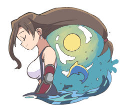 Rule 34 | 1girl, bare shoulders, black skirt, breasts, brown hair, closed mouth, dolphin, drop earrings, earrings, elbow gloves, closed eyes, final fantasy, final fantasy vii, final fantasy vii remake, floating hair, gloves, jewelry, large breasts, long hair, low-tied long hair, profile, shirt, skirt, smile, solo, suspenders, tank top, tifa lockhart, tsubobot, very long hair, water