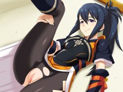 Rule 34 | 1girl, armor, blue hair, breastplate, detached sleeves, fire emblem, fire emblem fates, hou (hachiyou), leg lift, leg up, lying, nintendo, oboro (fire emblem), pantyhose, ponytail, purple eyes, pussy, smile, solo, torn clothes, uncensored