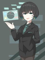 Rule 34 | absurdres, allmind (armored core 6), armored-core, armored core, armored core 6, black hair, bob cut, chart, green eyes, highres, necktie, office lady, personification, short hair