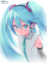 Rule 34 | 1girl, amamiya marron, aqua eyes, aqua hair, aqua ribbon, backlighting, black sleeves, blouse, blush, closed mouth, clothing request, colored skin, commentary request, detached sleeves, hair between eyes, hair ornament, hatsune miku, hatsune miku (nt), long hair, looking at viewer, looking up, neck ribbon, number tattoo, pink skin, ribbon, shirt, shoulder tattoo, simple background, sleeveless, sleeveless shirt, smile, solo, standing, tattoo, twintails, twitter username, upper body, very long hair, vocaloid, white background, white shirt