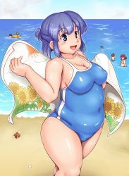 Rule 34 | 3boys, 3girls, :d, blue eyes, blue hair, blush, breasts, cleavage, covered erect nipples, covered navel, fat, fat step-sister (orizen), half updo, hermit crab, highres, inamori futayo, looking at viewer, mature female, medium breasts, multiple boys, multiple girls, ocean, one-piece swimsuit, open mouth, original, orizen, plump, school swimsuit, short hair, smile, solo focus, swimsuit, thick thighs, thighs, towel