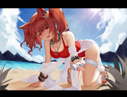 Rule 34 | 1girl, absurdres, all fours, angelina (arknights), angelina (summer flower) (arknights), animal ears, arknights, beach, black collar, blue sky, breasts, brown hair, cloud, cloudy sky, collar, fizzbin, fox ears, fox girl, hair between eyes, hairband, highres, infection monitor (arknights), looking at viewer, medicine bottle, medium breasts, mountain, official alternate costume, one-piece swimsuit, open mouth, red eyes, red one-piece swimsuit, sky, smile, swimsuit, swimsuit cover-up, twintails, two-tone hairband, water