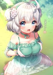 Rule 34 | absurdres, ahoge, artist name, azur lane, black hair, blue eyes, blurry, blurry background, blush, breast press, breasts, choker, commentary request, dress, field, flower, gradient hair, grass, green dress, green hairband, green ribbon, grey hair, hair flower, hair ornament, hairband, hands on own breasts, heart, highres, large breasts, multicolored hair, off-shoulder dress, off shoulder, open mouth, oppai loli, outdoors, paid reward available, ribbon, ribbon choker, short hair, signature, sitting, smile, spaghetti strap, spoken heart, translated, two side up, wariza, yufukiri, z28 (azur lane)