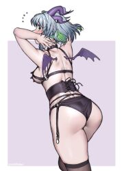 Rule 34 | 1girl, arms up, ass, blush, breasts, bsapricot, apricot the lich, collar, corset, embarrassed, from behind, green eyes, highres, horns, lingerie, medium breasts, sideboob, solo, sweatdrop, thighhighs, underwear, virtual youtuber, vshojo, wings